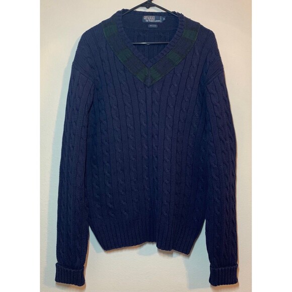 Polo Ralph Lauren Cable Knit Sweater Chunky V Neck Varsity Fisherman XL VTG 90s - Picture 1 of 7